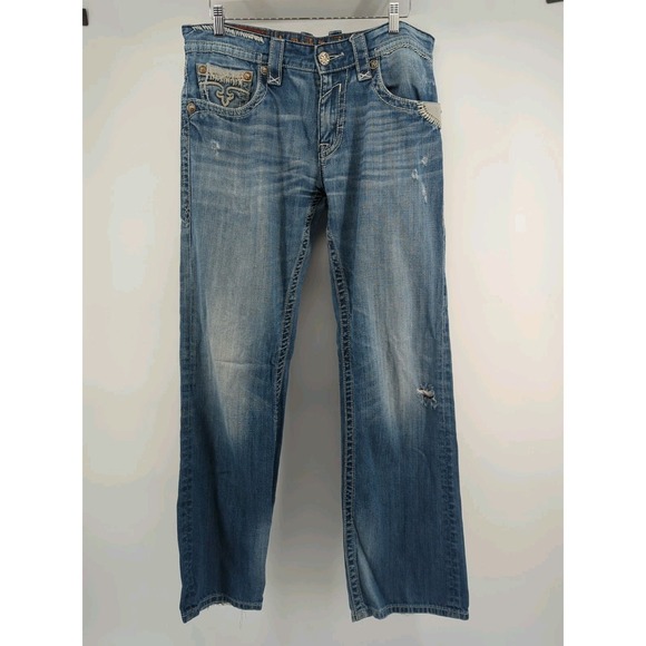 Rock Revival Jeans Mens 34x32 Blue Denim Pants Liam Bootcut Distressed *READ* - Picture 2 of 16